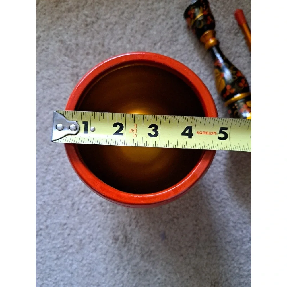 Russian Hand Painted Khokhloma Wooden Food Container Spoon Candle Holder